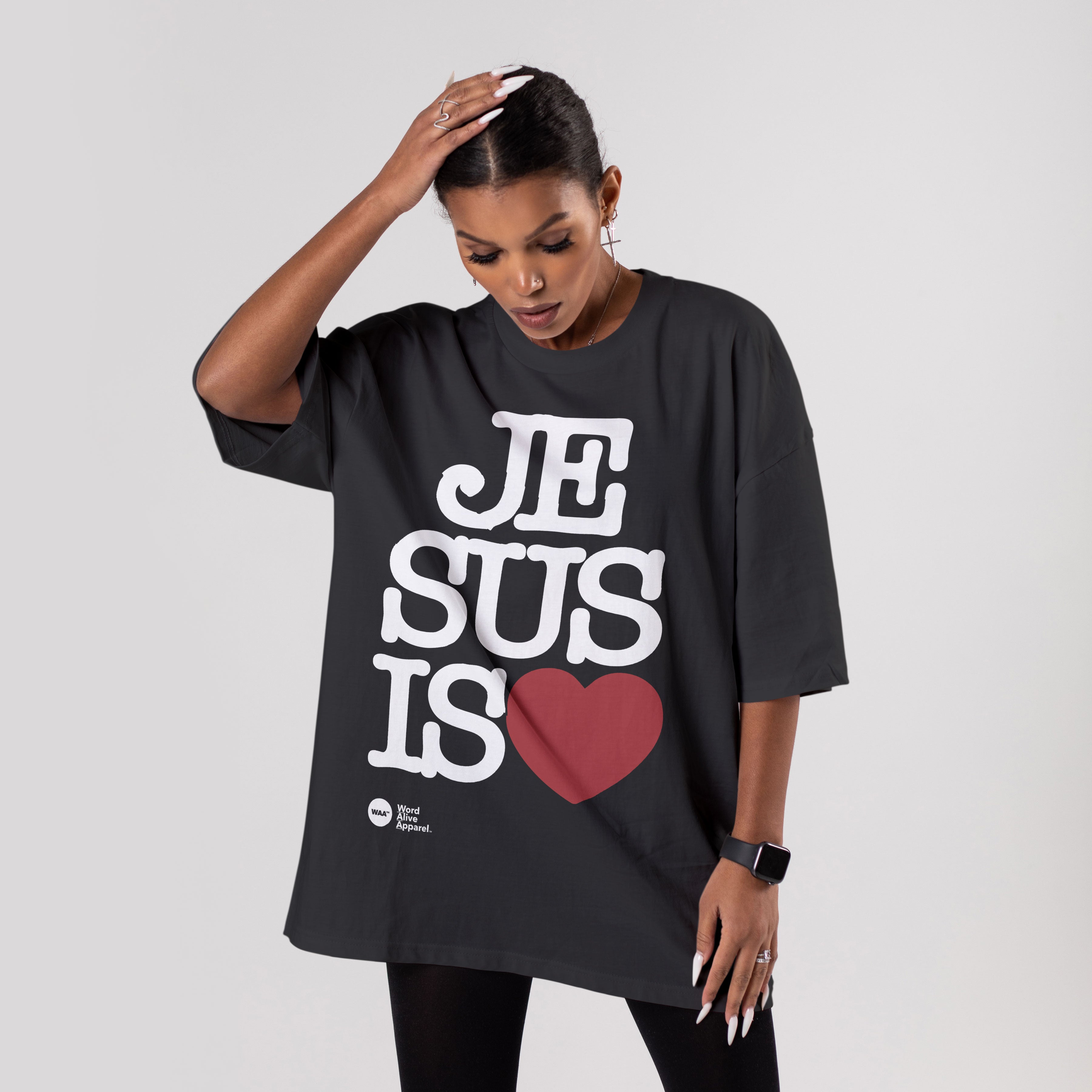 Jesus is Love Jumbo AOP Unisex Christian T-Shirt (Black)