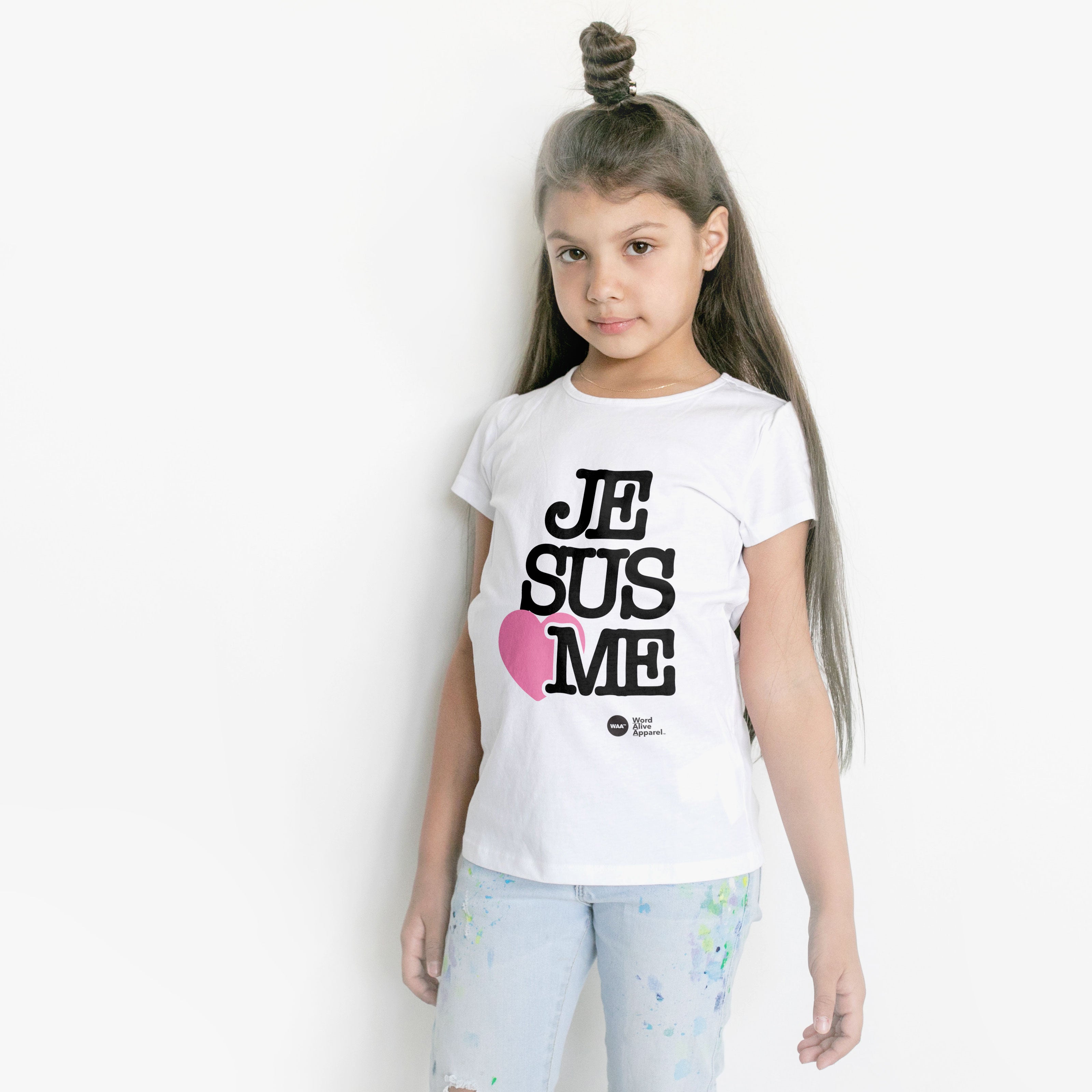 Jesus Loves Me Youth T-Shirt (White) Pink Heart