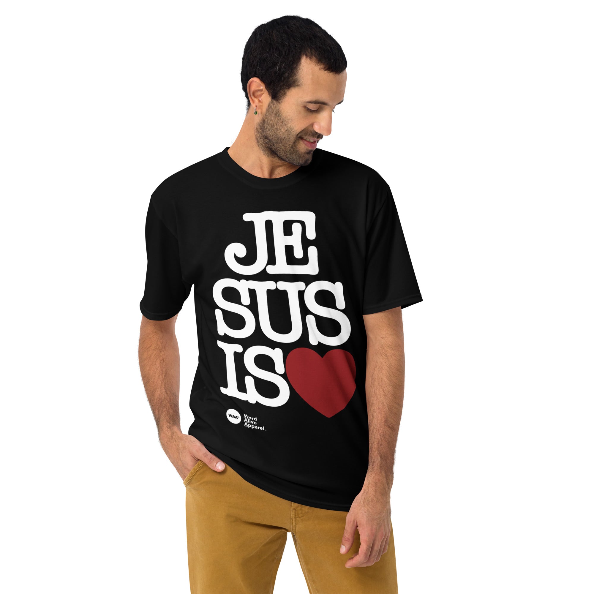 Jesus is Love Jumbo AOP Unisex Christian T-Shirt (Black)