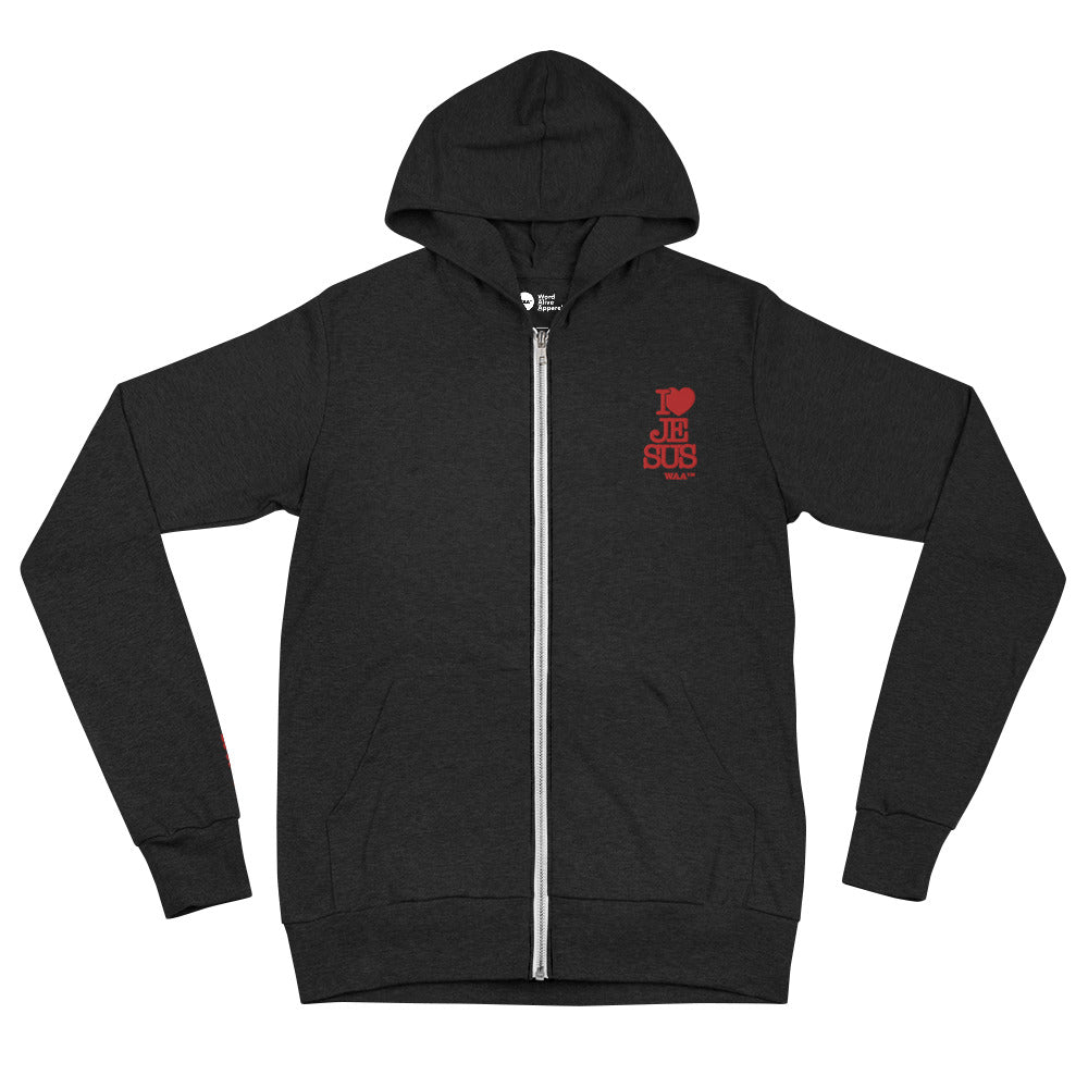 I Love Jesus Embroidered Zip Hoodie (Dark/Red Thread)
