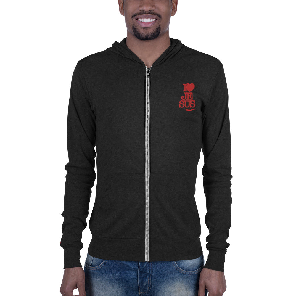 I Love Jesus Embroidered Zip Hoodie (Dark/Red Thread)