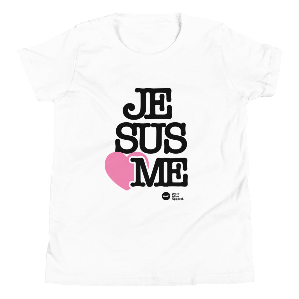 Jesus Loves Me Youth T-Shirt (White) Pink Heart